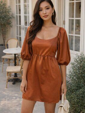 Altar'd State Rust Colored Satin Puff Sleeve Open Back Mini Dress